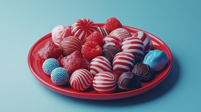 Assorted Colorful Confectionery Treats on Red Plate Display