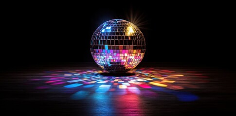 Disco ball reflects light, dark floor, party