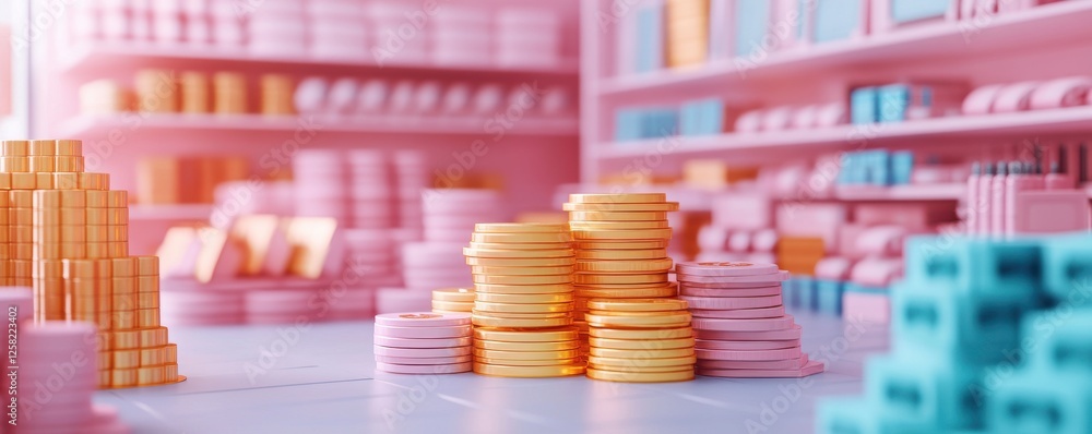 Poster a colorful display of toy money and blocks, creating a vibrant and playful atmosphere in a stylized,