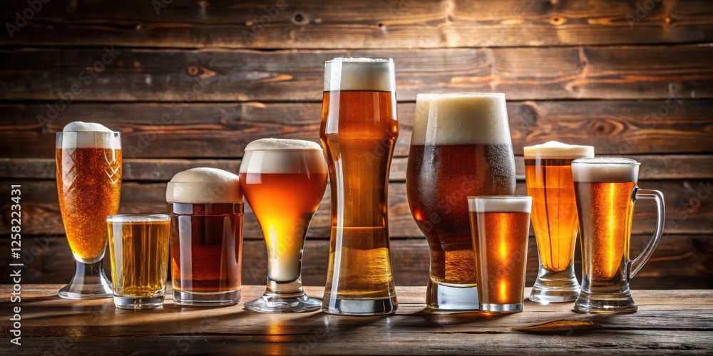 Poster a selection of various beer glasses filled with frothy golden and amber liquid, arranged on a rustic
