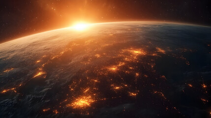 Sunrise Over Earth from Space | Global Network and City Lights