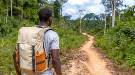 Fototapeta premium Man Hiking on Dirt Trail Through Lush Green Forest