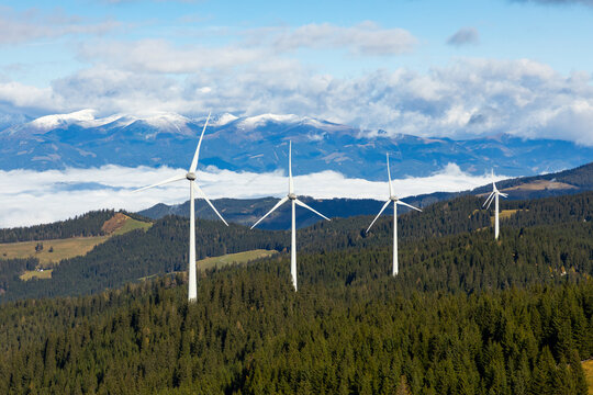 Windmills on the Gaberl mountain ridge in Styria, Austria