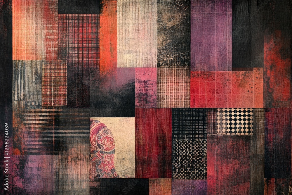 Poster colorful abstract textile patterns create a vibrant collage of textures and shapes in this artwork
