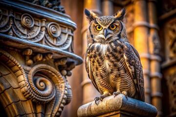 Majestic Great Horned Owl Perched on Architectural Detail
