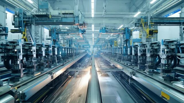 Animated video showcasing a vast robot factory, where countless automated workers move with tireless efficiency and speed. The factory floor appear as an expanse, with robotic arms and machinery