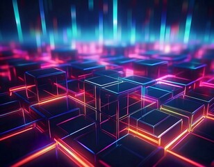 Obraz premium 3d rendering of abstract geometric background with neon glowing cubes in dark space, 3D illustration of an abstract background with bokeh lights and mushrooms.