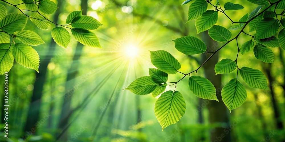 Poster sunbeams filtering through vibrant green leaves in a lush forest, creating a captivating interplay o