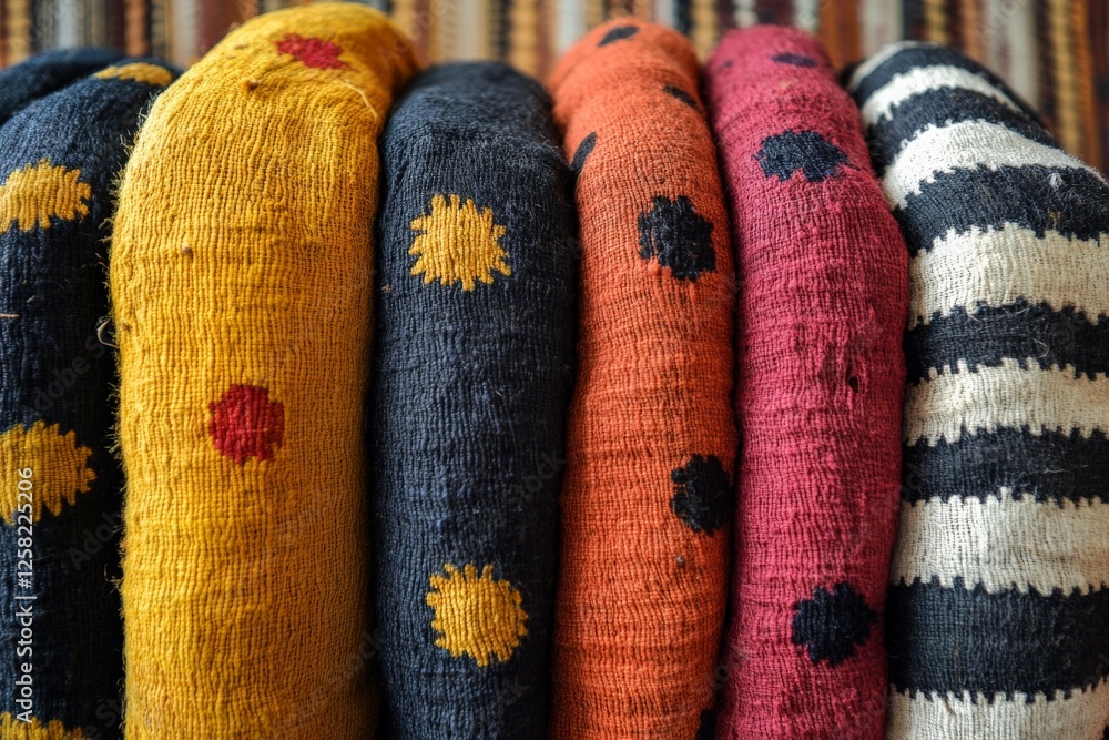 Aufkleber vibrant textiles displayed in a cozy setting showcasing rich colors and patterns in a rustic environ