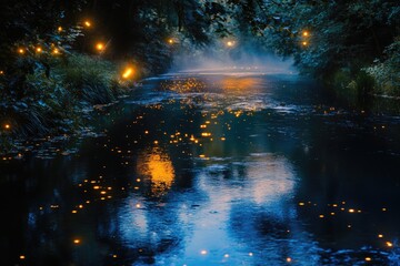 Fototapeta premium Enchanted river at night, glowing lights reflecting on water's surface, creating magical ambiance.