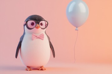 Obraz premium A cute cartoon penguin wearing glasses and a bow tie stands near a light blue balloon against a peach background.