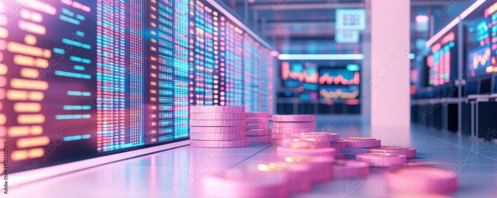 Aufkleber a futuristic trading environment featuring digital screens displaying stock data and stacks of pink 