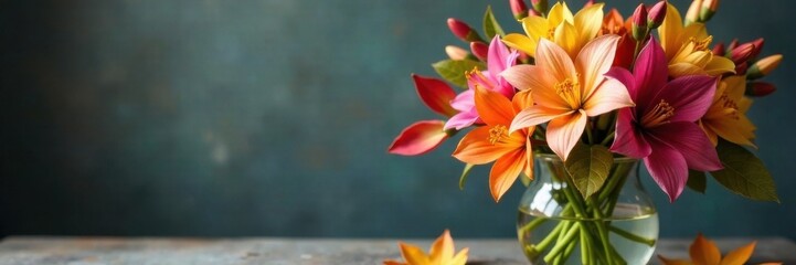 Fototapeta premium Colorful seasonal flowers in a vase with water and autumnal leaves, change, water, leaf