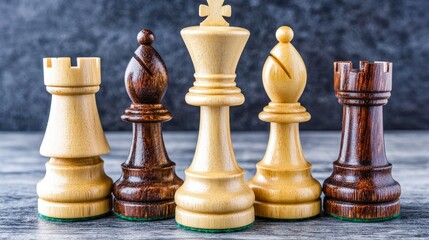Fototapeta premium Classic Wooden Chess Pieces on a Gray Background for Strategy Games