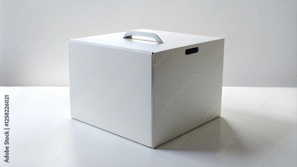 Poster a simple white box with a handle and a cutout on the side, sitting on a white surface.
