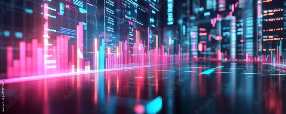 Poster a vibrant digital landscape with colorful data visualizations, showcasing graphs and analytics in a 