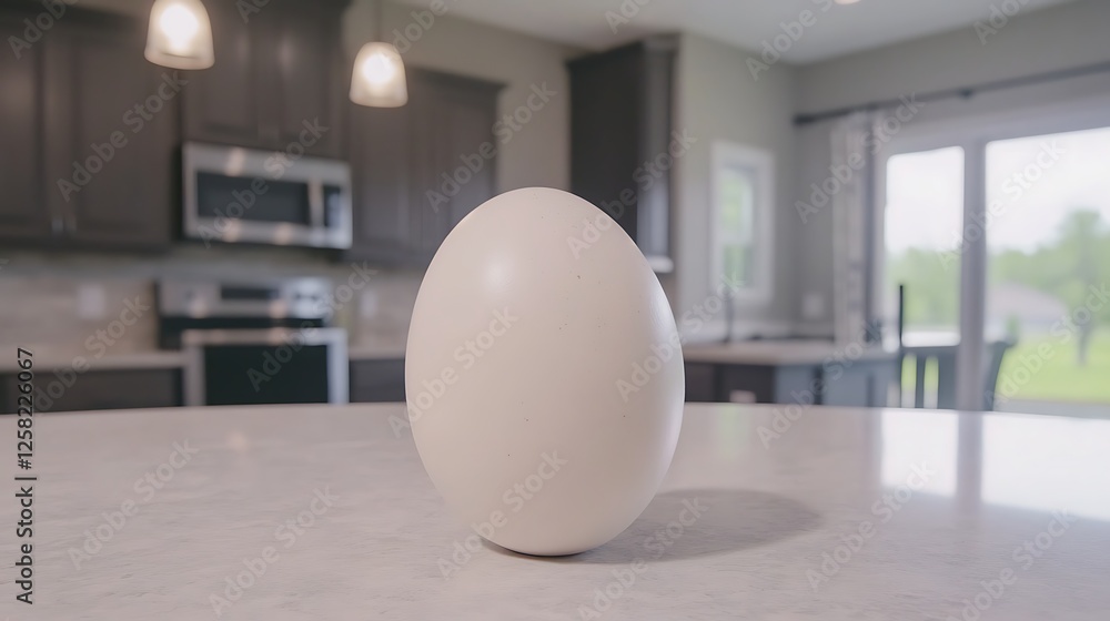 Poster single egg on a kitchen countertop under soft lighting casting shadow and highlighted by window