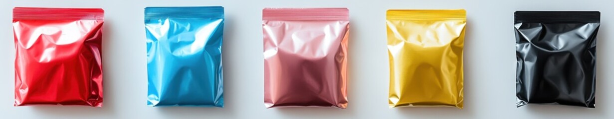 CMYK Ink Pouches: Vibrant pouches of CMYK ink - Cyan, Magenta, Yellow, and Key (Black) - arranged neatly in a row, ready to be used in printing, showcasing the essential elements of color printing.
