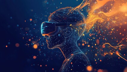 A person wearing virtual reality glasses is depicted in a holographic wireframe