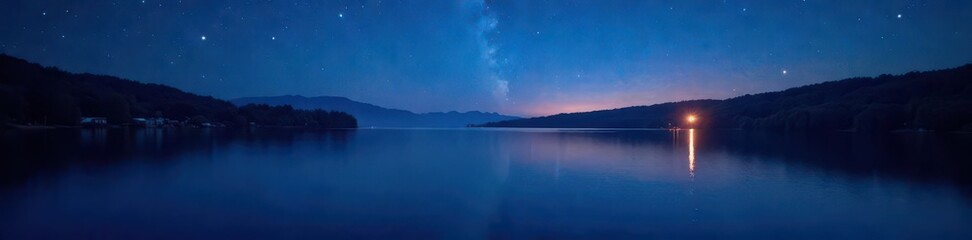 Fototapeta premium A tranquil lake scene at night with starry skies and soft glowing lights, calm, ambient, lake