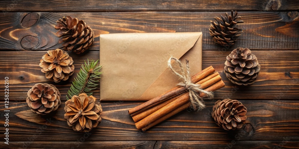 Poster Brown paper envelope with cinnamon sticks tied with twine surrounded by pine cones and a pine branch on a rustic wooden background