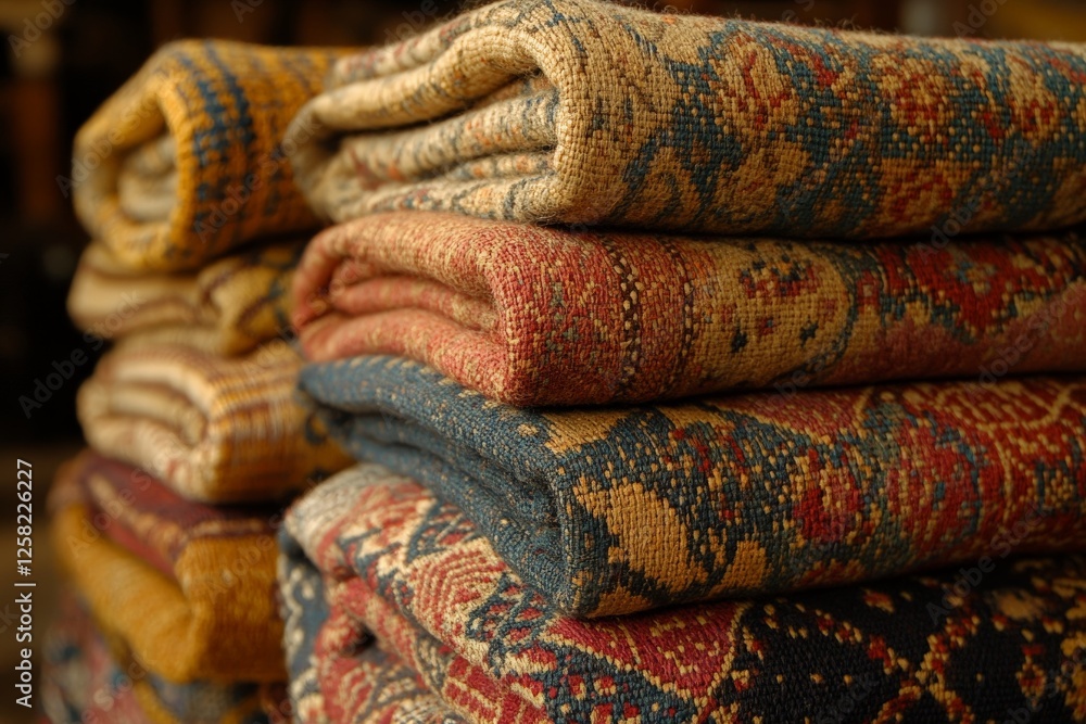 Poster vibrant textiles stacked neatly in a traditional market showcasing intricate patterns and colors in 