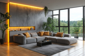 Photographie immobilière d'un salon moderne contemporain avec des murs en béton, du mobilier design et un éclairage d’ambiance doux
