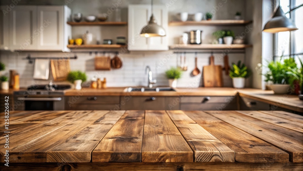 Aufkleber rustic wooden table top with a blurred background of a modern kitchen featuring open shelving, hangi