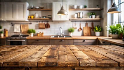 Rustic wooden table top with a blurred background of a modern kitchen featuring open shelving, hanging pots and pans, and a window with natural light