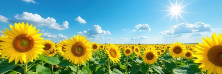 Obraz premium Vibrant yellow sunflowers dominate a vast blue sky field , agriculture, earth