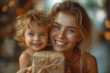 Mother day, Mom and son are happy,giving a gift