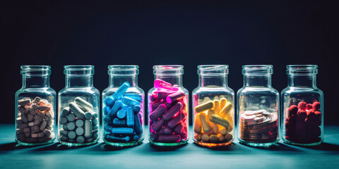 Different bills and bottles for pharmaceutical and healthcare medication and drug research labs concepts.