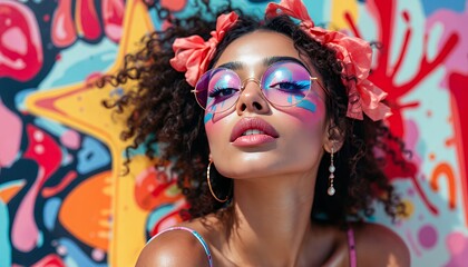 Fototapeta premium Fashionable Woman with Bright Makeup and Round Glasses in Colorful Setting