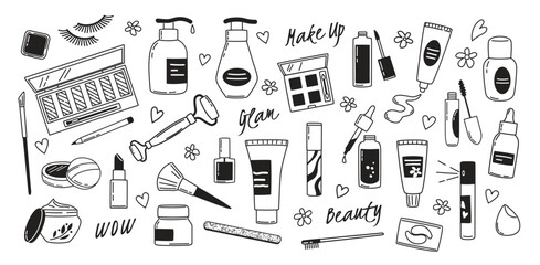 Doodle cosmetic products. Hand drawn beauty accessories and makeup cosmetics, skincare treatment bottles and tools. Lipstick, mascara, cream and nail polish isolated vector set.