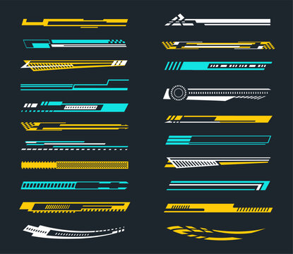 Sport decals. Racing car vinyl stickers with dynamic geometric shapes, motorsport hood stripes and fast speed lines. Decal designs for race cars, trucks, motorcycles and boats vector set