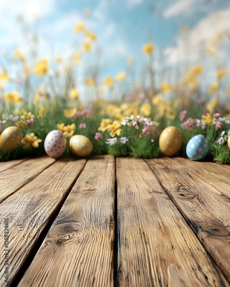 Poster easter eggs on wooden table with spring meadow background for product mockup and display