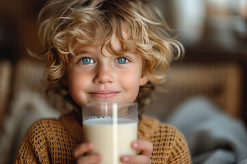 A curly-haired child with blue eyes enjoys a glass of milk while relaxing indoors in a cozy, warm environment in daylight.