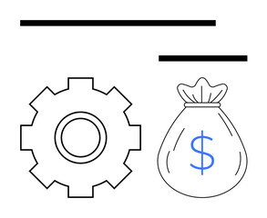 Gear and money bag with dollar sign convey concepts of financial growth, productivity, and resource management. Ideal for finance, budget planning, operations, capital, investment, savings abstract