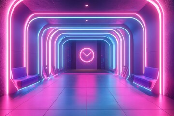 Futuristic neon corridor, waiting area, glowing walls, digital clock