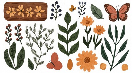 Rustic handcrafted homestead heritage. A vibrant collection of illustrated flowers, leaves, and a butterfly, showcasing earthy colors and a nature-inspired theme.