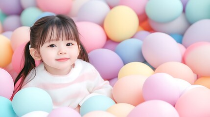 Smiling Toddler Surrounded by Pastel Balloons Radiating Joy and Innocence in a Soft Hued Setting