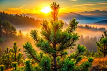 Majestic Pine Tree in Golden Morning Light - High Resolution Stock Photo