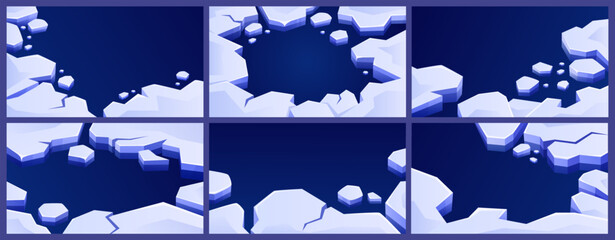 Ice floes frames. Cold banner template with frozen arctic water and cracked floe borders. Fracturing ice with free text space, winter vector backgrounds set. © WinWin