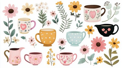 Rustic handcrafted homestead heritage. A whimsical arrangement of decorative cups and flowers, featuring playful designs and vibrant colors, perfect for a cozy, artistic vibe.