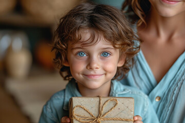 Mother day, Mom and son are happy,giving a gift