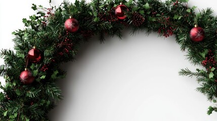 Festive Christmas wreath, red ornaments, winter holiday decoration, white background, holiday card