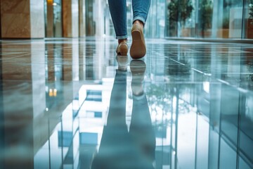 A young woman in casual attire walking confidently through a modern office space, showcasing reflections on the polished floor and a serene atmosphere
