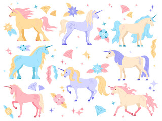 Cartoon unicorns. Cute fairy tale horses with magic horn, spark gems and flowers. Fantasy animal, magical princess stallion and glamour unicorn. Mythical horses isolated vector illustration set.