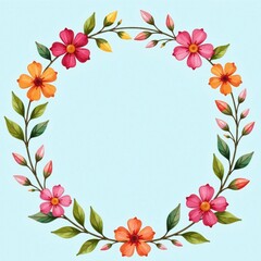 Obraz premium Colorful watercolor flowers surrounding a delicate floral wreath on a pastel blue background, green, floral wreath, pink