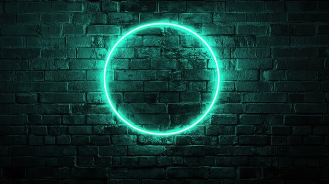 Glowing neon circle on brick wall, dark background, design element